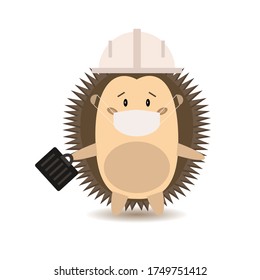 Caricatura Ingeniero de la construcción Hedgehog con sombrero duro blanco y máscara protectora con un maletín en las manos. Trabajar en cuarentena. Nuevo normal. Ilustración del vector aislada en un fondo blanco