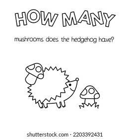 Cartoon hedgehog counting game. Vector coloring pages for children education. How many mushrooms does the hedgehog have
