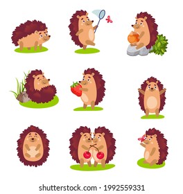 Cartoon hedgehog doing different activities on lawn. Cute wild animal catching butterfly, walking, hugging soulmate, sleeping and holding hazelnut vector illustration set. Love, nature, forest concept