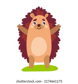Cartoon hedgehog doing exercises. Cute wild animal catching butterfly, walking, hugging soulmate, sleeping and holding hazelnut vector
