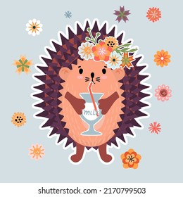 Cartoon hedgehog drinking milk from  glass through straw. Cute animal character is decorated with blooming flowers.Colorful background for printing on fabric and paper.Vector hand drawn illustration .