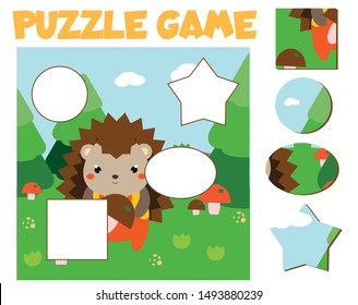 Cartoon hedgehog in forest. Geometric puzzle for toddlers. Match pieces and complete picture. Educational children activity, kids page