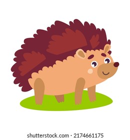 Cartoon hedgehog goes for a walk. Cute wild animal catching butterfly, walking, hugging soulmate, sleeping and holding hazelnut vector