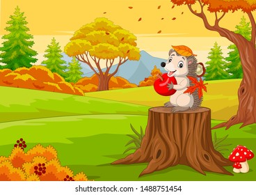 Cartoon hedgehog holding red apple in the autumn forest