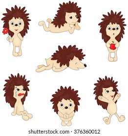 Cartoon hedgehog jumping, sleeping, crying, pleading and holding red apple and flower