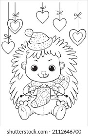 Cartoon hedgehog knits a sock for Valentine's Day. Coloring. 