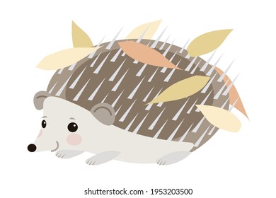 cartoon hedgehog with leaves flat vector illustration for banners, design and postcards.