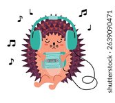 Cartoon hedgehog listens to music. Cute character is wearing headphones and holding  retro player in his paws. Funny animal isolated on white bacground with notes. Vector illustration for card, banner
