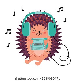 Cartoon hedgehog listens to music. Cute character is wearing headphones and holding  retro player in his paws. Funny animal isolated on white bacground with notes. Vector illustration for card, banner