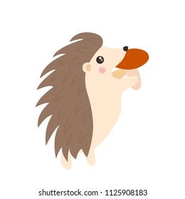 Cartoon hedgehog with mushroom in his paws. White background. Isolated
