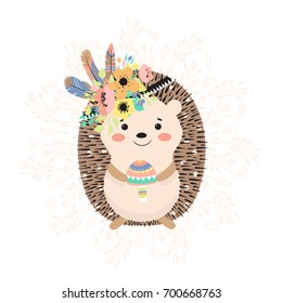 Cartoon hedgehog with mushroom in his paws with flowers and feathers on his head on floral background.