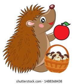 cartoon hedgehog with mushrooms and an Apple on a white background