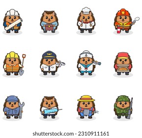 Cartoon Hedgehog in professional uniform. Vector set of Hedgehog different professions. Vector characters with jobs different occupation. Different jobs professionals. Isolated vector icons set