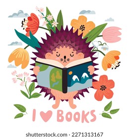 Cartoon hedgehog reading a book.Cute character among colorful flowers,hand written text,clouds and leaves.Print on fabric and paper.Vector flat style illustration isolated on white background.