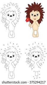 Cartoon hedgehog with red flower. Coloring book and dot to dot educational game for kids