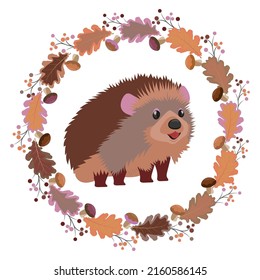 Cartoon hedgehog with round frame from oak leaves, berries, mushrooms. Vector illustration.
