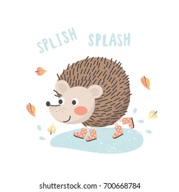 Cartoon hedgehog in rubber boots slaps the puddle and an inscription - splish splash
