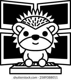 A cartoon hedgehog sitting in front of a computer monitor