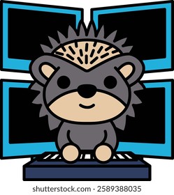 A cartoon hedgehog sitting in front of a computer monitor