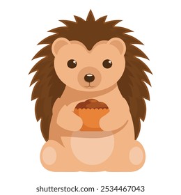 Cartoon hedgehog sitting and holding a chocolate muffin