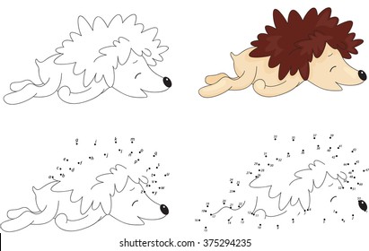 Cartoon hedgehog sleeping. Coloring book and dot to dot educational game for kids