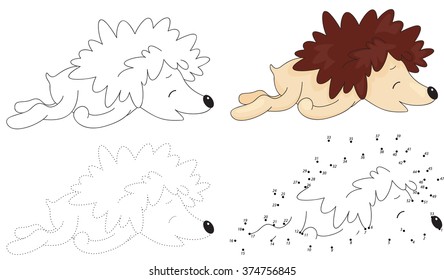 Cartoon hedgehog sleeping. Dot to dot educational game for kids