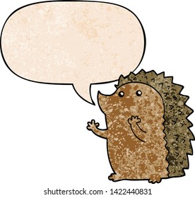 cartoon hedgehog with speech bubble in retro texture style