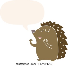 cartoon hedgehog with speech bubble in retro style