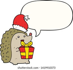 cartoon hedgehog wearing christmas hat with speech bubble