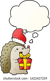 cartoon hedgehog wearing christmas hat with thought bubble in smooth gradient style