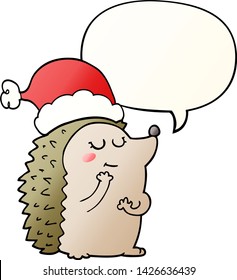 cartoon hedgehog wearing christmas hat with speech bubble in smooth gradient style