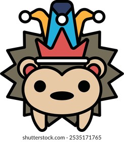 A cartoon hedgehog wearing a crown and a hat. The hedgehog is wearing a crown and a hat, and it looks like it's in a jolly mood