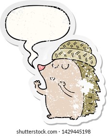 cartoon hedgehog wearing hat with speech bubble distressed distressed old sticker