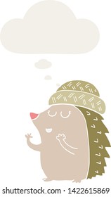 cartoon hedgehog wearing hat with thought bubble in retro style