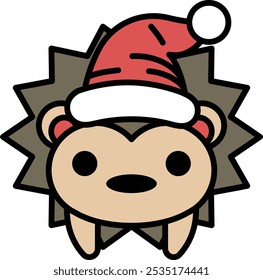 A cartoon hedgehog wearing a Santa hat. The hat is red and white. The hedgehog is smiling
