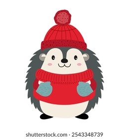 Cartoon hedgehog in winter clothes. Illustration with hand drawn doodle hedgehog. Thickly clothed pet. 
