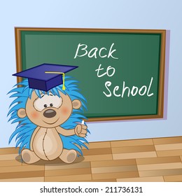 Cartoon Hedgehog wrote chalk on a blackboard