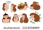 Cartoon hedgehogs. Cute forest animals. Wild nature. Funny parents and cubs characters. Autumn mushrooms on spine bristles. Daisy flowers and apple fruits. Loving mammal family. Garish vector set