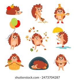 Cartoon-Igel. Waldigel schlafend mit Regenschirm sitzend in einem Korb mit Äpfeln. Childish Herbst Maskottchen, edle Vektorgrafik Set