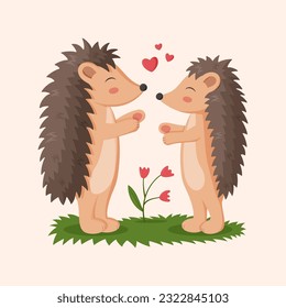 Cartoon hedgehogs. Little forest wild animals. Romantic couple. Woodland urchins. Funny mammals. Kiss and hugs. Valentine card. Love hearts. Zoo characters dating. Vector kids illustration