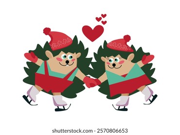 Cartoon hedgehogs in love in clothes on skates holding hands. Vector illustration for packaging design, cards, banners, prints for clothes