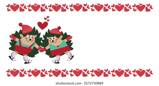 Cartoon hedgehogs in love on skates. Vector white background with frame of hearts and place for text for design of cards, banners, invitations