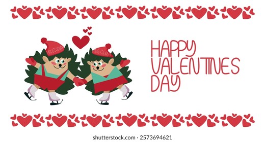 Cartoon hedgehogs in love on skates. Vector white background with frame of hearts and happy valentine's day lettering for design of cards, banners, invitations