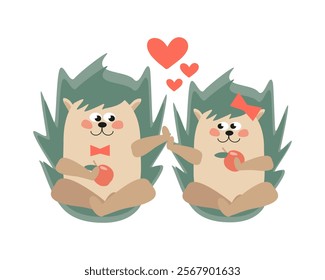 Cartoon hedgehogs in love sitting next to each other, touching each other with their paws - vector illustration for packaging design, cards, banners, books, clothes