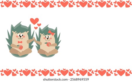 Cartoon hedgehogs in love sitting next to each other, touching each other with their paws. Vector horizontal background with a frame of hearts and space for text for design of cards, banners