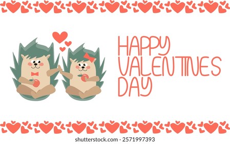 Cartoon hedgehogs in love sitting next to each other. Vector white horizontal background with a frame of hearts and the inscription happy valentine's day for the design of cards, banners, invitations