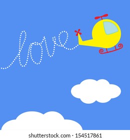 Cartoon helicopter. Dash word LOVE  in the sky. Card. Vector illustration.