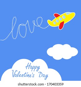 Cartoon helicopter. Dash word LOVE  in the sky. Happy Valentines Day card.  Vector illustration.