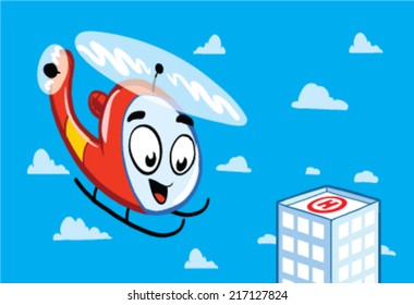 Cartoon helicopter landing on hospital roof