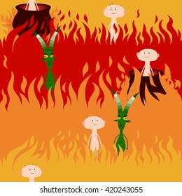Cartoon hell scene with green devil and a sinner on fire background pattern